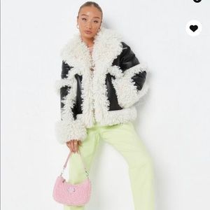 Misguided black faux fur trim aviator coat